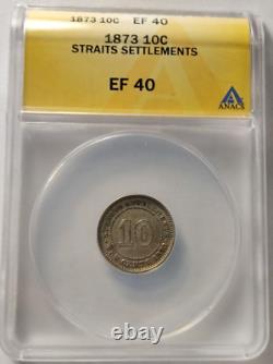 1873 Straits Settlements Victoria 10 Cent Silver Coin Graded EF XF 40 by ANACS