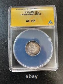 1890-08 China Kwangung 10 Cent Anacs Au-55 About Uncirculated Certified Slab