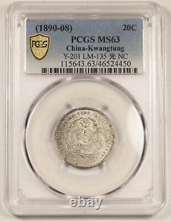 1890-1908 CHINA KWANGTUNG 20 Cent Silver Dragon Coin PCGS MS63 L&M-135 Y201 BU