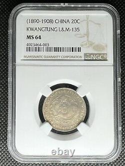 1890-1908 China Kwangtung 20 Cents 20c Silver Coin Lm-135 Ngc Ms-64