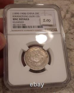 1890 1908 China Kwangtung L&M 135 20 Cents NGC Unc Details Cleaned