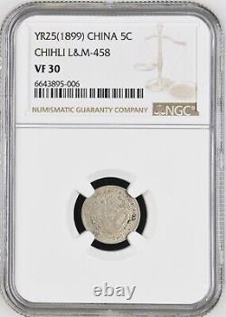 1899, China, Chihli Province. Scarce Silver 5 Cents Coin. L&M-458. NGC VF-30