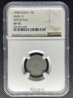 1908 China Rare 10 Cents Tientsin Mint Silver Coin Lm-13 Ngc Xf-45
