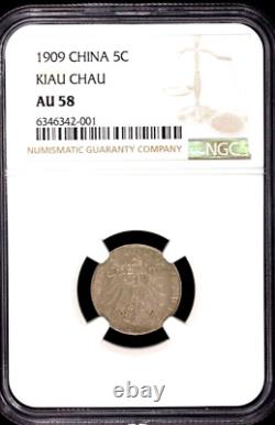 1909 China Kiau Chau 5 Cents, NGC AU 58, KM-1