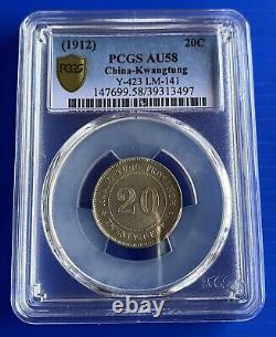 1912 China Kwangtung Province 20 Cents Silver Coin 1 Km Y-423 Pcgs Au58