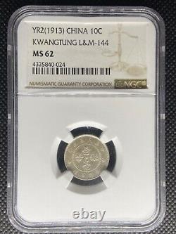 1913 China Kwangtung 10 Cents Silver Coin Y-144 Pcgs Ms-62