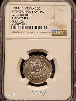 1914-15 China Silver 20C Manchurian L&M-497 Without Dots NGC AU DETAILS CLEANED