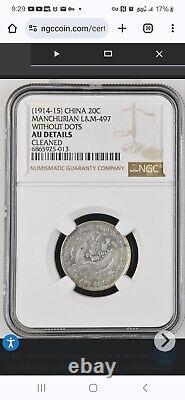 1914-15 China Silver 20C Manchurian L&M-497 Without Dots NGC AU DETAILS CLEANED