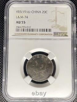 1916 China Republic 20c 20 Cent Yuan Shih Kai Silver Rare Coin Lm-74 Ngc Au-55