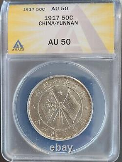 1917 CHINA Yunnan Province Silver 50 Cent Coin? RARE FULL GRADE? AU50 ANACS