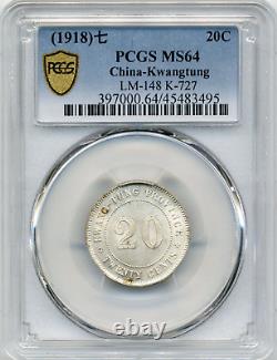 1918 China Kwangtung 20 Cents, LM-148 / K-727 PCGS MS64