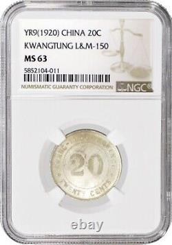 1920 L&M-150 20C China Kwangtung Mint 20 Cents Silver NGC MS63 Coin