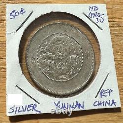 1920 to 1931 China Yunnan Dragon Silver 50 Cents L&M-422 KM-257.2