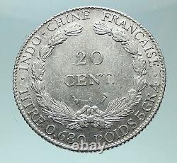 1921 A FRENCH INDO-CHINA Genuine OLD Silver 20 Cent Coin France Republic i82036
