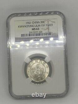 1921 China Kwangtung 20-C Cent NGC MS63 -BETTER DATE! SUPERB LUSTER