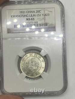 1921 China Kwangtung 20-C Cent NGC MS63 -BETTER DATE! SUPERB LUSTER