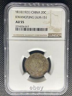 1921 China Kwangtung 20 Cents Silver Coin Lm-151 Ngc Au-55