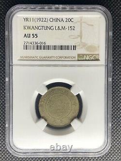 1922 China Kwangtung 20 Cents Silver Coin Lm-152 Ngc Au-55