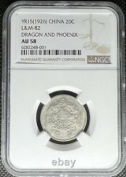 1926 China 20 Cents 20c Silver Coin Dragon And Phoenix Lm-82 Ngc Au-58