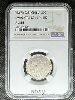 1928 China Kwangtung 20c 20 Cents Silver Coin Lm-157 Ngc Au-58 Rare Type