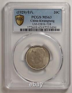1929 China- Kwangtung 20 Cent Silver Coin PCGS MS 63 Y# 426