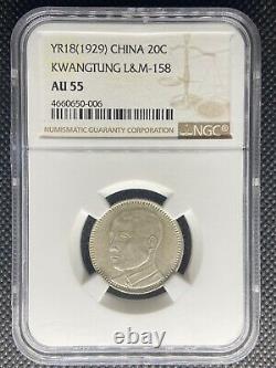 1929 China Kwangtung 20 Cents Silver Coin Lm-158 Pcgs Au-55