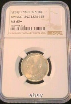 1929 China Silver 20 Cents Kwangtung Ngc Ms 63+ Beautiful Smooth Luster