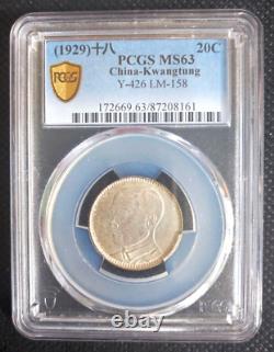 1929 (Y18) China 20c Kwangtung silver coin LM-158 PCGS MS63