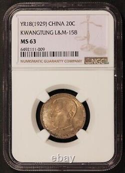 1929 (Year 18) China Kwangtung 20 Cents Silver Coin L&M-158 NGC MS 63 Y# 426