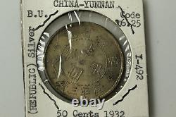 1932 China Yunnan 50 Cents 50% Silver Coin Grades Mint State (NUM7153)