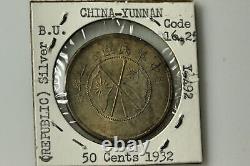 1932 China Yunnan 50 Cents 50% Silver Coin Grades Mint State (NUM7153)