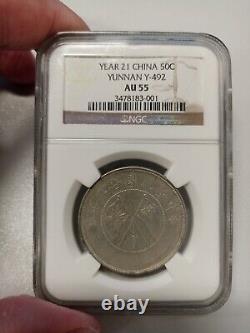 1932 Year 21 NGC AU55 Republic Of China Silver Half Dollar 50 Cents Yunnan Y 492