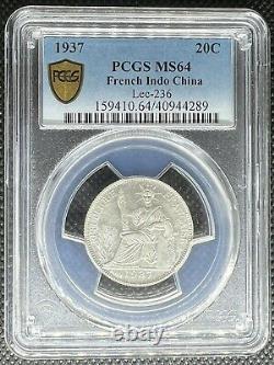1937 French Indo-china 20c 20 Cent Silver Coin Lec-236 Pcgs Ms-64