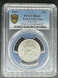 1937 French Indo-china 20c 20 Cent Silver Coin Lec-236 Pcgs Ms-65
