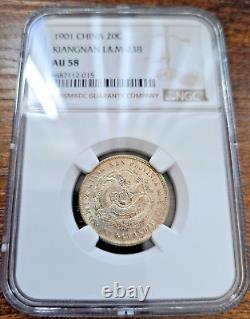 CHINA 1901 Silver Coin Dragon Kiangnan 20 Cent NGC AU 58