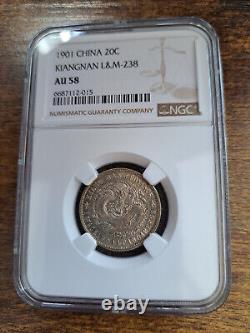 CHINA 1901 Silver Coin Dragon Kiangnan 20 Cent NGC AU 58