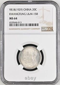 CHINA 20 Cents 1929, KWANGTUNG, NGC MS 64 Choice UNC / BU, Toned + Luster. S2