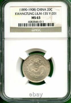 China 1890-08 Kwangtung 20 Cents Ngc Ms 63 Y 201 LM 135