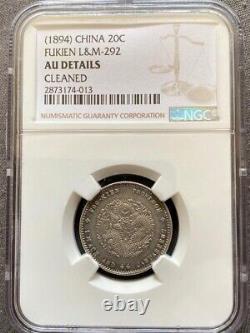 China Fukien (1903-08) LM-292A Small Dragon Silver 20 Cents NGC AU Detail