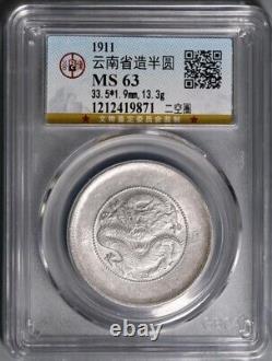 China Qing Dyn 1911 Yun Nan Dragon Silver Dollar Coin 0.5Yuan Guang xu Grade 63