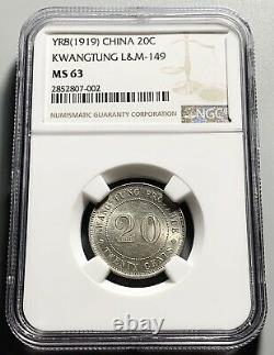 China Republic 1919 (Yr 8) Kwangtung 20 Cent Silver Coin NGC MS 63