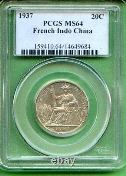 F. I China 1937 20 Cents Pcgs Ms 64 Silver