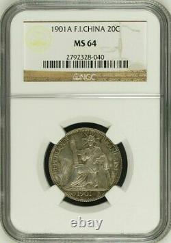 France Indo-china, Silver 20 Cents 1901 A Ngc Ms 64, Raren