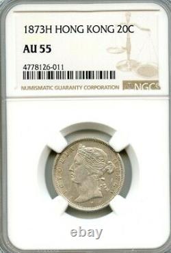 Hong Kong 1873 H Silver 20 Cents, Victoria, China, NGC graded AU55 Rare KEY DATE