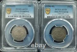 Lot of 2 1890-08 China Kwangtung 20 cents silver coin LM-135 PCGS AU55 AU53