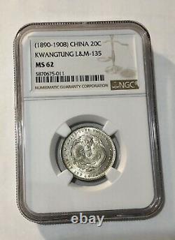 ND(1890-1908), China Empire, Kwangtung, 20 Cents, Dragon Silver Coin, NGC MS 62