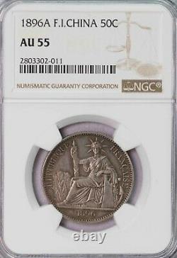 Ngc-au55 1896a Fr Indo China 50cents Silver Key Date Toned Aunc