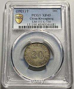 Scarce Warlord Issue China 1921 Kwangtung 20 Cents Silver Coin PCGS XF 45