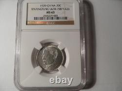 Superb 1929 China Kwangtung Silver 20 Cents NGC Certified MS63