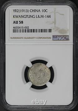 YR2 (1913) China Silver 10 Cents Kwangtung Province L&M-144 NGC AU-58